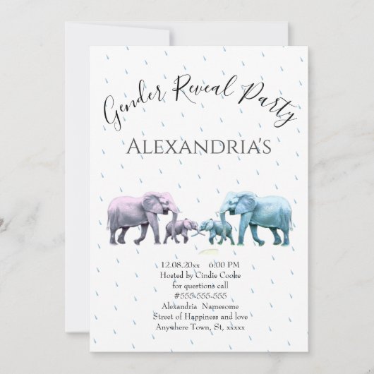 かわいいピンクと青の象の性別が明らかになる 招待状 (正面)