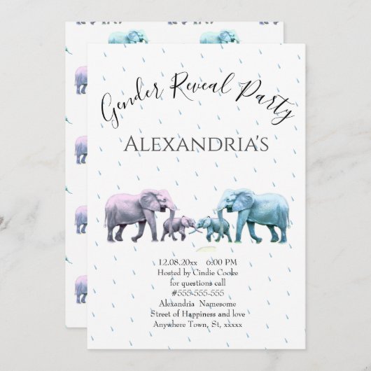 かわいいピンクと青の象の性別が明らかになる 招待状 (正面/裏面)