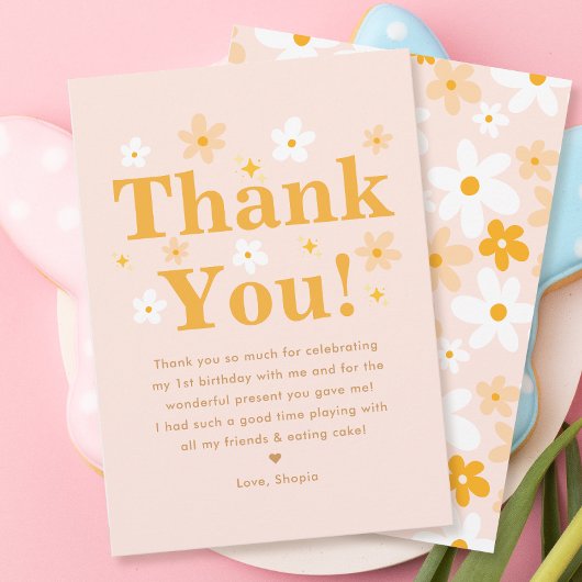 かわいいピンクと黄色のデイジー誕生日の女の子 サンキューカード