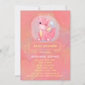 かわいいピンクと黄色の恐竜の女の子の赤ちゃんシャワー 招待状 (正面)