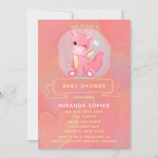 かわいいピンクと黄色の恐竜の女の子の赤ちゃんシャワー 招待状 (正面)