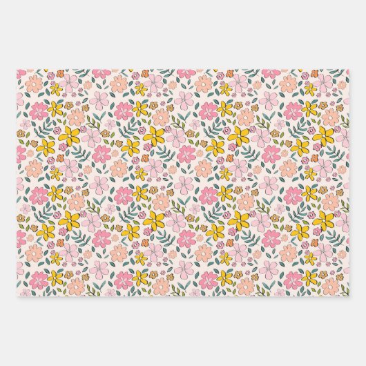 かわいいピンクと黄色の花柄 ラッピングペーパーシート (正面)