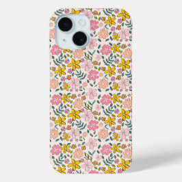 かわいいピンクと黄色の花柄 iPhone 15ケース
