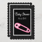 かわいいピンクと黒おむつピンベビーシャワー 招待状 (正面/裏面)