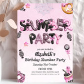 かわいいピンクと黒のハロウィン・スリープオーバー・パーティー 招待状