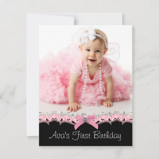かわいいピンクと黒の女の子の写真の誕生日パーティー 招待状 (正面)