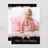 かわいいピンクと黒の女の子の写真の誕生日パーティー 招待状 (正面/裏面)