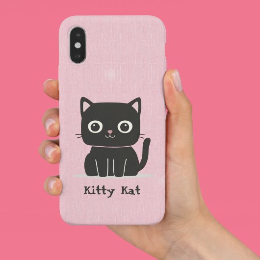 かわいいピンクと黒の猫 iPhone 15ケース