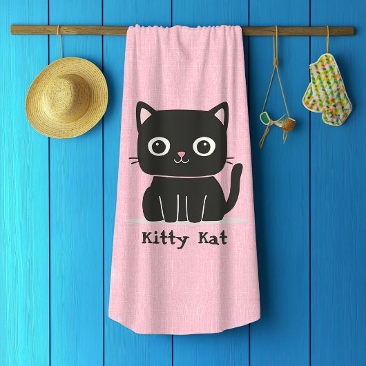 かわいいピンクと黒猫 ビーチタオル