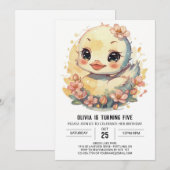 かわいいピンクのあひるの誕生日 招待状 (正面/裏面)