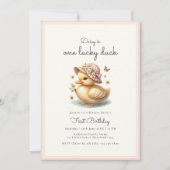 かわいいピンクのあひる 赤ちゃん女の子1歳の誕生日 招待状 (正面)