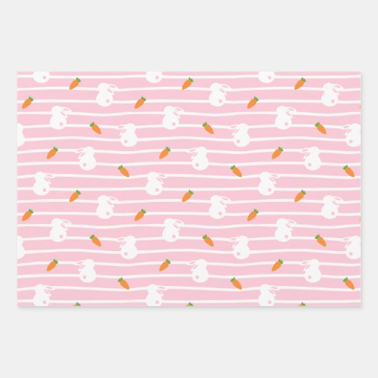 かわいいピンクのうさぎとニンジンの柄 ラッピングペーパーシート (正面2)