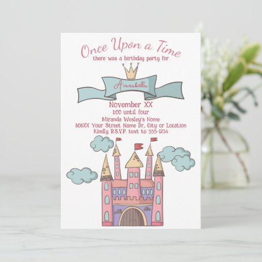 かわいいピンクのおとぎ話プリンセス城 招待状 (スタンド正面)