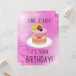 かわいいピンクのおもしろいお誕生日ケーキ挨拶 カード