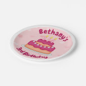 かわいいピンクのお誕生日ケーキ3ロウソク3歳誕生日 ペーパープレート (アングル)