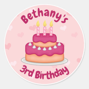 かわいいピンクのお誕生日ケーキ3ロウソク3歳誕生日 ラウンドシール