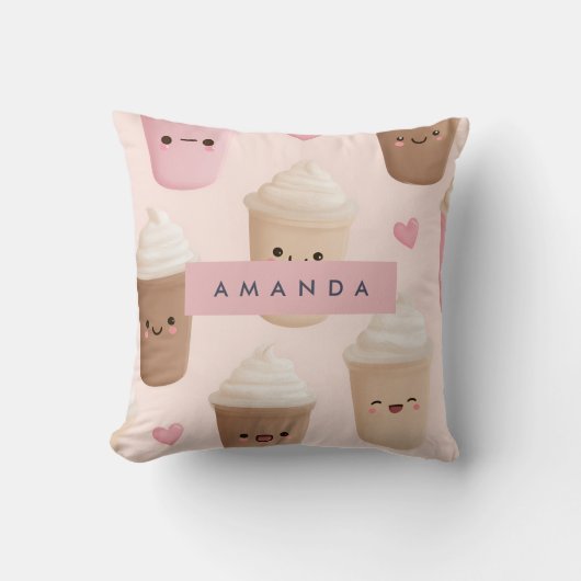 かわいいピンクのかわいいコーヒーカップ 名前入りギフト クッション (正面)