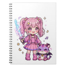 かわいいピンクのかわいい悪魔ハンターの女の子と魔法の剣