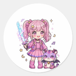 かわいいピンクのかわいい悪魔ハンターの女の子と魔法の剣 ラウンドシール