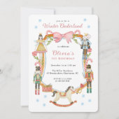 かわいいピンクのくるみ割り人形のクリスマスガール 1歳の誕生日 招待状 (正面)