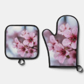 かわいいピンクのさくらんぼ花咲き 鍋つかみ&鍋敷きセット (正面)