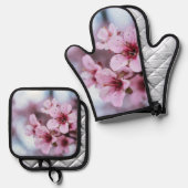 かわいいピンクのさくらんぼ花咲き 鍋つかみ&鍋敷きセット (正面/裏面)