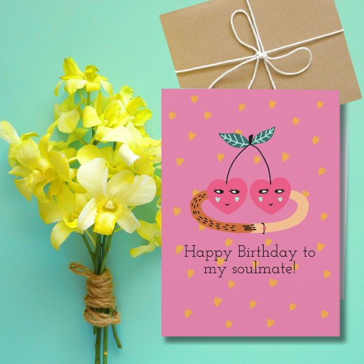 かわいいピンクのさくらんぼ&ハート写真，ロマンチックな誕生日 カード