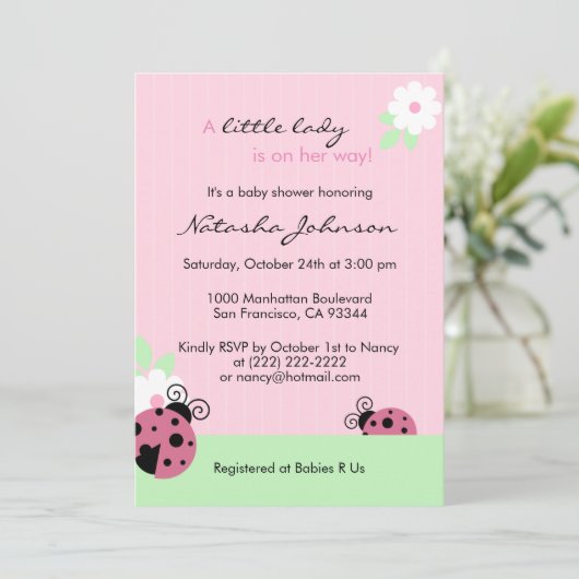 かわいいピンクのてんとう虫のミントの女の子のベビーシャワーの招待 招待状 (スタンド正面)