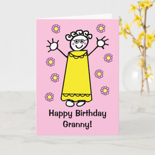 かわいいピンクのばあちゃんウェーブ面白い漫画の誕生日 カード (黄色い花)