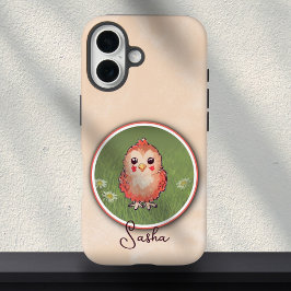 かわいいピンクのひよこ鳥の絵 カスタムネーム iPhone 16ケース