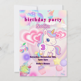 かわいいピンクのゆるふわユニコーン♡女の子の誕生日パーティー 招待状