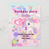 かわいいピンクのゆるふわユニコーン♡女の子の誕生日パーティー 招待状 (正面/裏面)