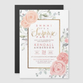 かわいいピンクのアクアレルフラワーズフローラサプライズパーティー マグネット招待状 (正面/裏面)