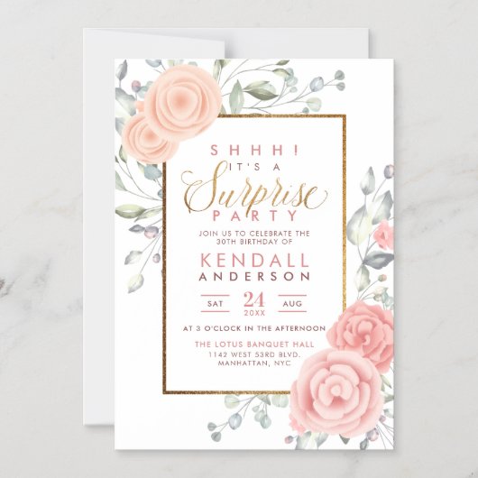 かわいいピンクのアクアレルフラワーズフローラサプライズパーティー マグネット招待状 (正面)