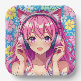 かわいいピンクのアニメ女子の誕生日パーティー ペーパープレート