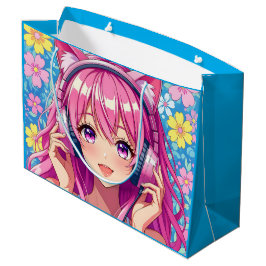 かわいいピンクのアニメ女子の誕生日パーティー ラージペーパーバッグ