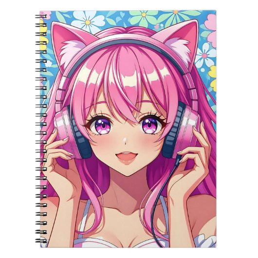 かわいいピンクのアニメ女子高生 ヘッドホン ノートブック (正面)