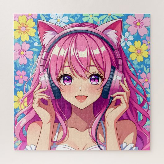 かわいいピンクのアニメ女子+ヘッドホン ジグソーパズル (縦)