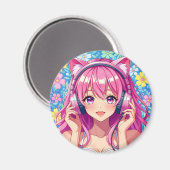 かわいいピンクのアニメ女子+ヘッドホン マグネット (正面/裏面)