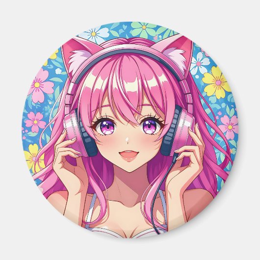 かわいいピンクのアニメ女子+ヘッドホン マグネット (正面)