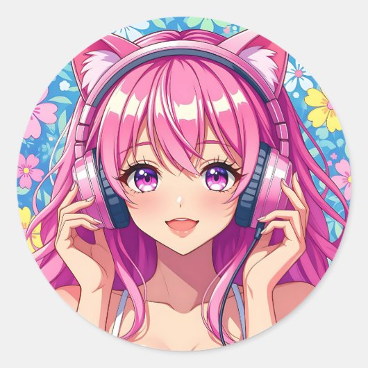 かわいいピンクのアニメ女子+ヘッドホン ラウンドシール (正面)