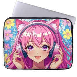 かわいいピンクのアニメ女子+ヘッドホン ラップトップスリーブ