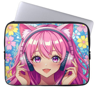かわいいピンクのアニメ女子+ヘッドホン ラップトップスリーブ