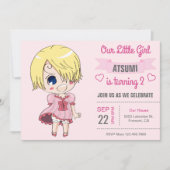 かわいいピンクのアニメ女子 誕生日パーティー招待状 招待状 (正面)