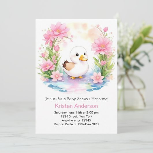 かわいいピンクのアヒルの女の子の赤ちゃんシャワー 招待状 (スタンド正面)