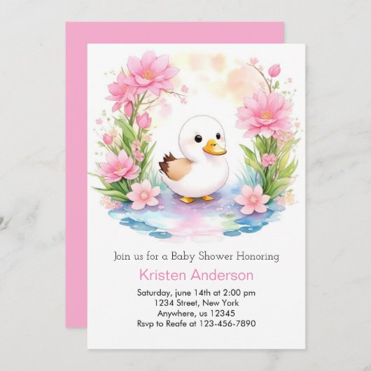 かわいいピンクのアヒルの女の子の赤ちゃんシャワー 招待状 (正面/裏面)