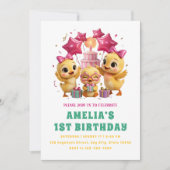 かわいいピンクのアヒルの子の1歳の誕生日 招待状 (正面)