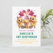 かわいいピンクのアヒルの子の1歳の誕生日 招待状 (スタンド正面)