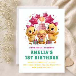 かわいいピンクのアヒルの子の1歳の誕生日 招待状