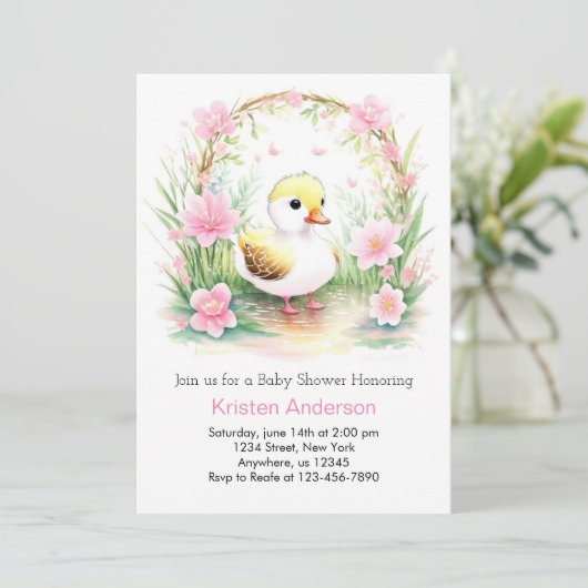かわいいピンクのアヒルの水色の女の子ベビーシャワー 招待状 (スタンド正面)